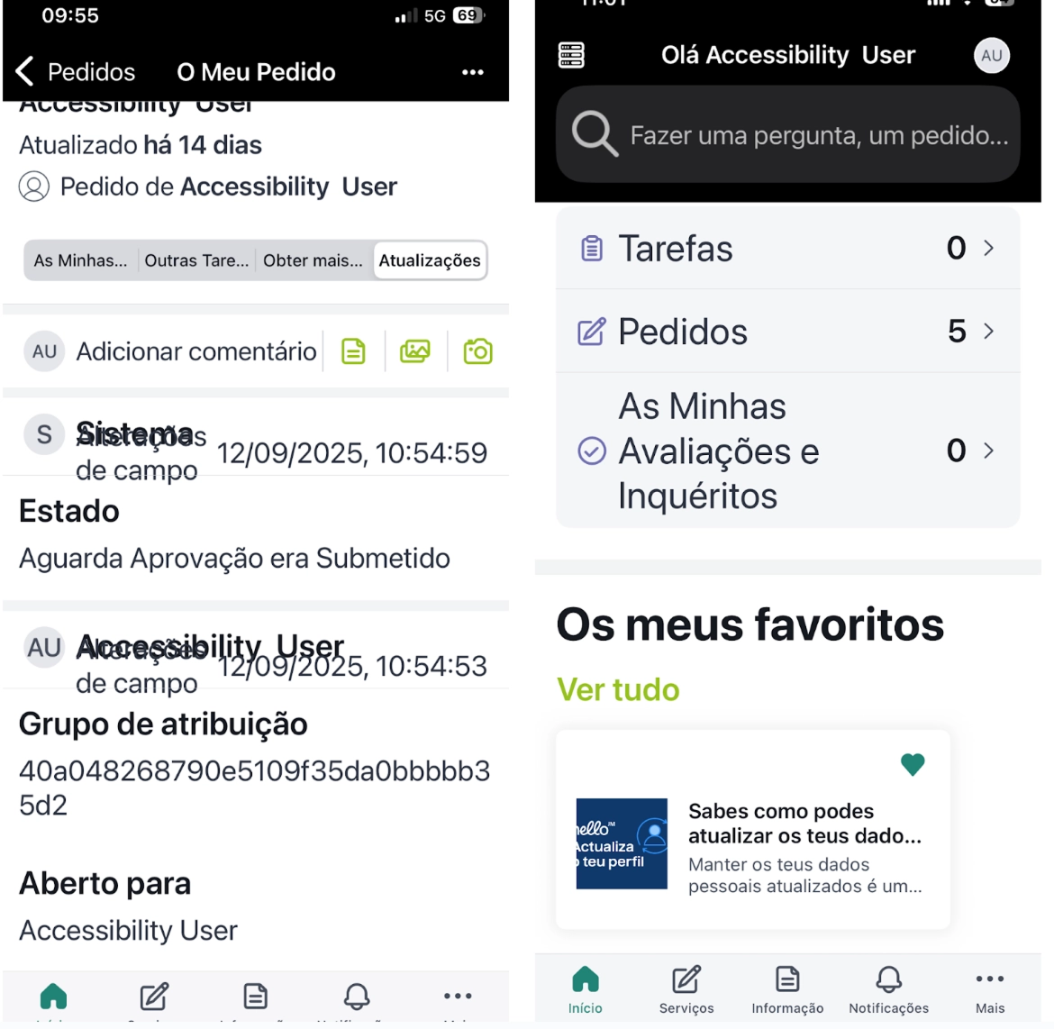 Dois ecrãs da aplicação mobile: detalhe de pedido com campos sobrepostos e ecrã inicial com estrutura de navegação — evidenciando ausência de hierarquia semântica e componentes sem nome acessível