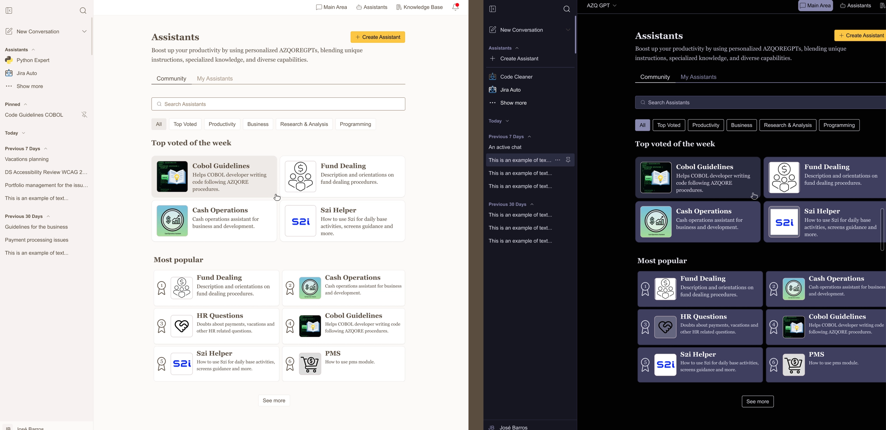Página de Assistentes em dois layouts: versão de coluna única e versão expandida side-by-side, mostrando a grelha de assistentes populares e filtros de categoria