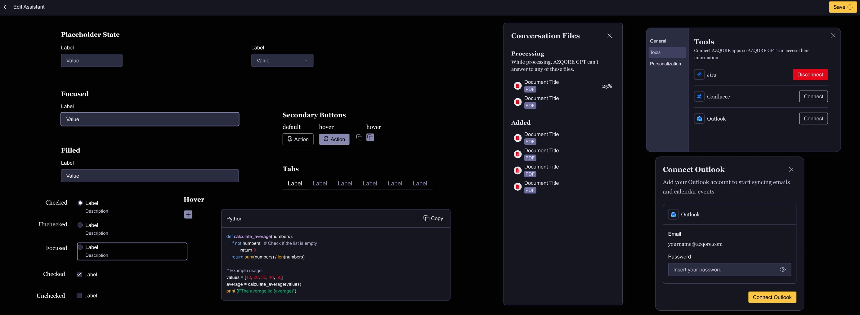 Componentes em dark mode: campos de texto em vários estados (placeholder, focused, filled), botões secundários, tabs e lista de radio buttons