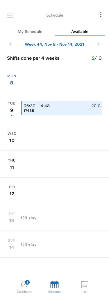 Weekly view of available shifts — period quota visible to guide the decision