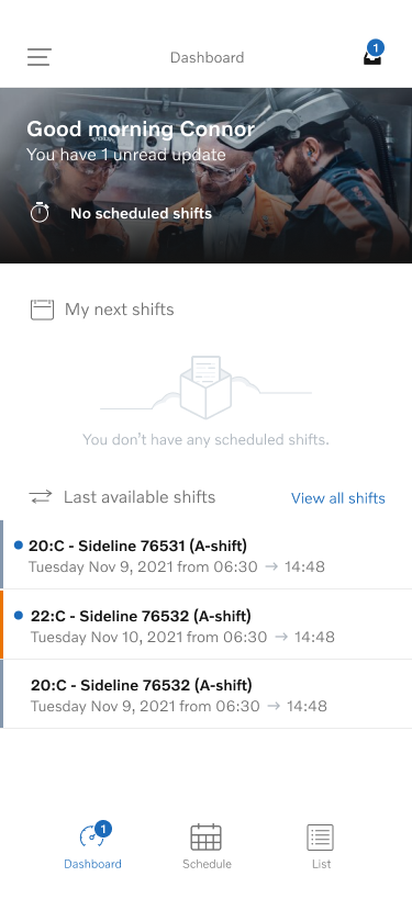 Dashboard with no scheduled shifts — empty state with available shifts visible immediately below