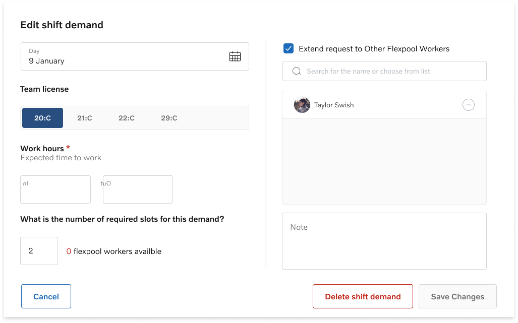 Demand edit form — team licence, slots, schedule and extension to other supervisors on a single screen