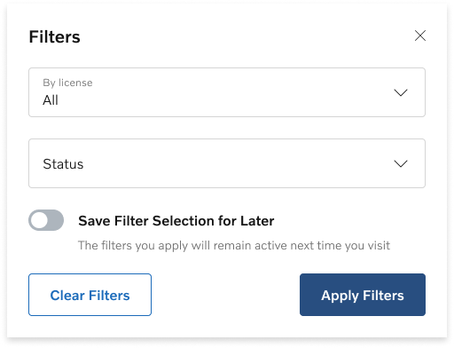 Closed filter panel with option to save the selection