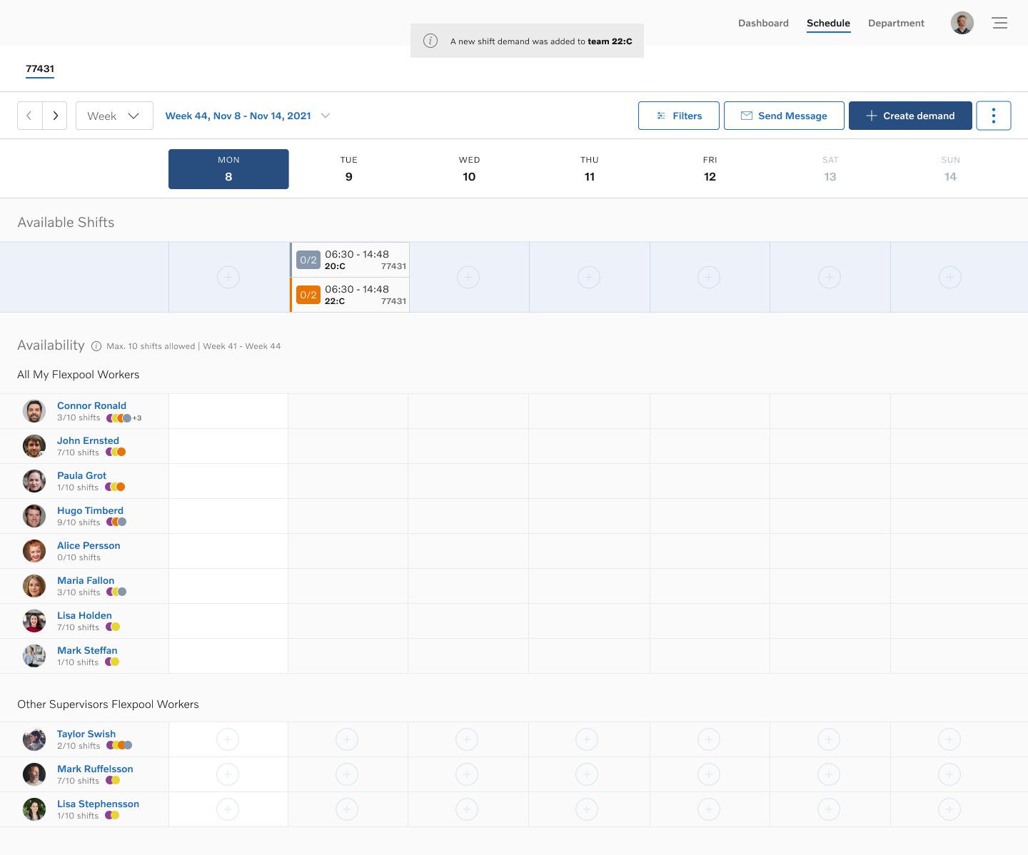 Schedule with two demands created — visibility of coverage status by team and day