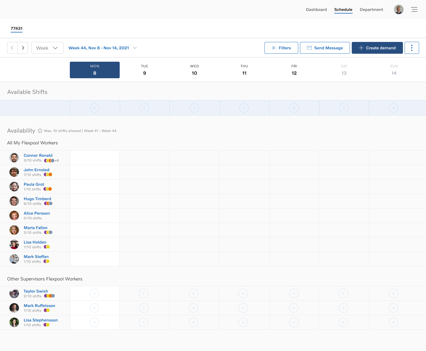 Initial schedule state with no demands created — primary action visible and accessible