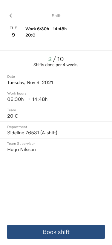 Shift detail before booking — all information needed for the decision on a single screen, single CTA