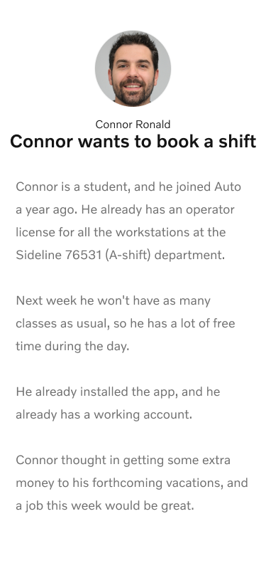 Operator Connor scenario — student booking extra shifts, with motivation and availability context