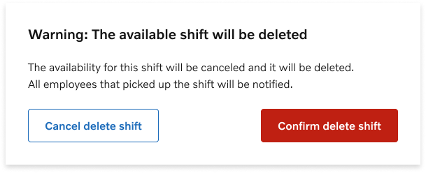 Deletion confirmation modal — direct language, destructive action in red, safe action on the left